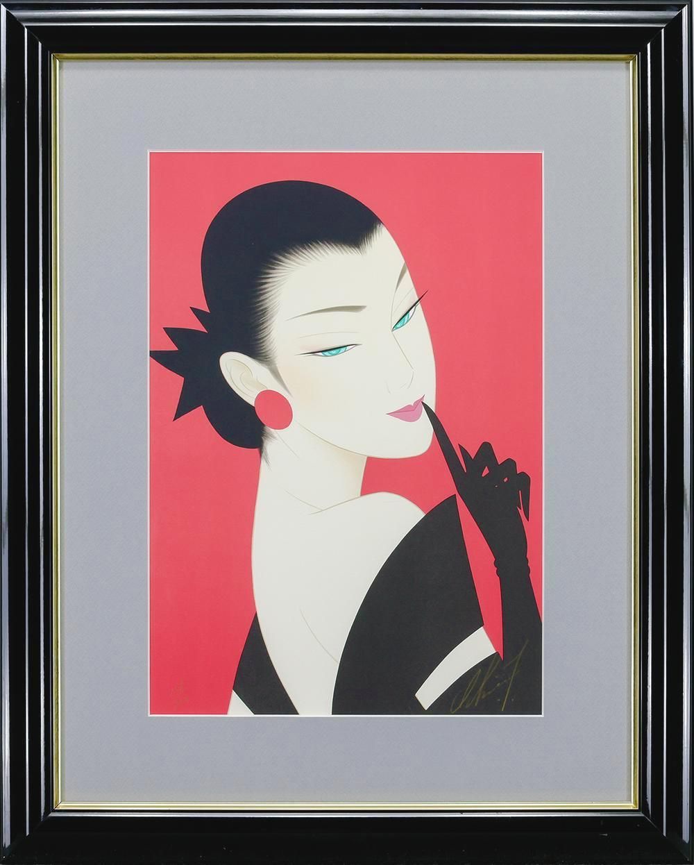 真作 WISH 鶴田一郎 ヒミツ リトグラフ 約8号 1998年作 直筆サイン 〇現代美人画巨匠 アールヌーボ アールデコ等 25092085