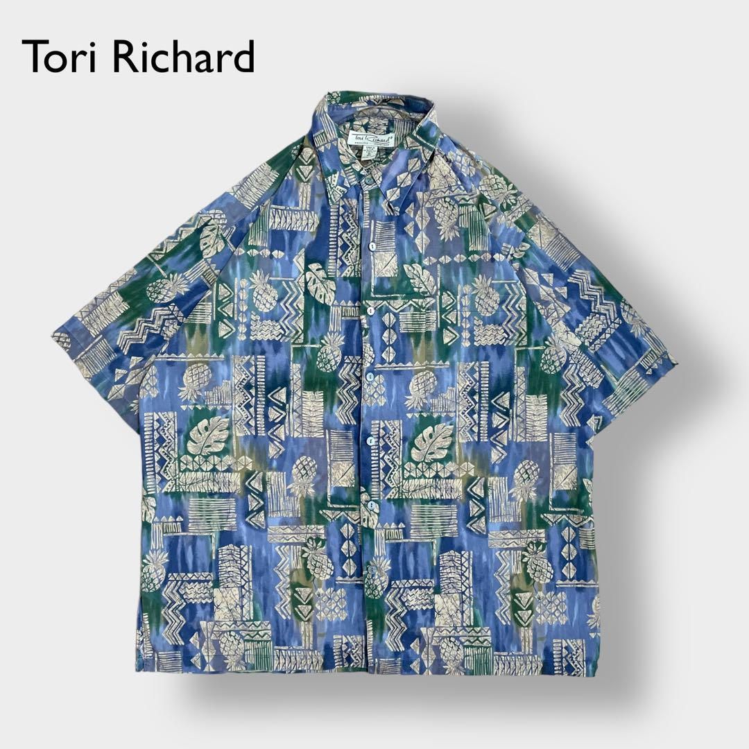 M ハワイ製 tori richard 青 緑 ボタニカル アロハ 総柄シャツ