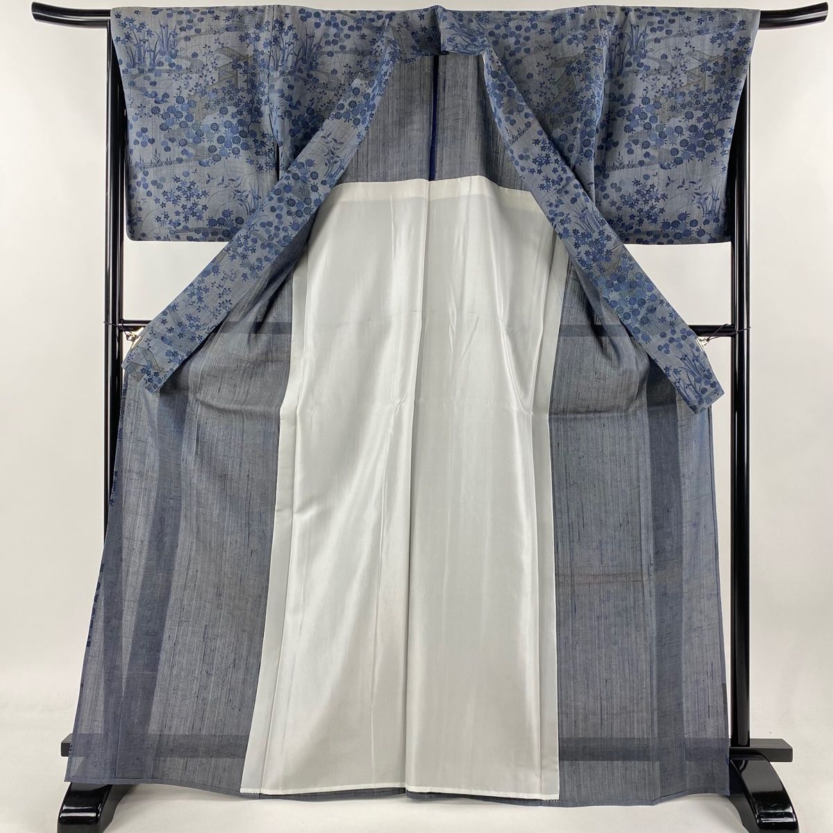 小紋 身丈168cm 裄丈67.5cm L 薄物 しょうざん 生紬藍染 夏紬地 落款  