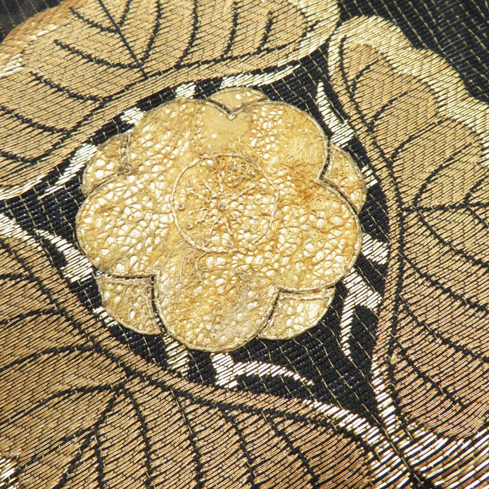 西陣織 袋帯 正絹 じゅらく黄金繭 家紋柄 すくい織り 金糸 六通柄 黒色