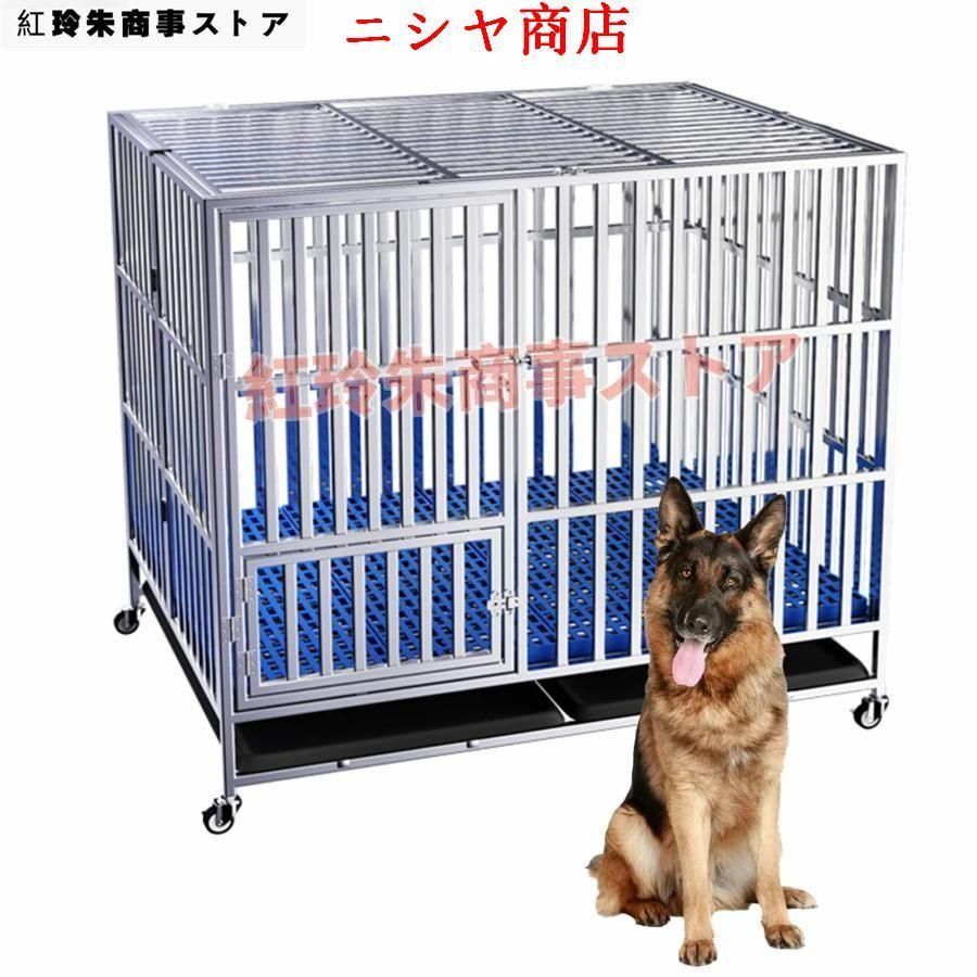 耐荷重200KGステンレス鋼大型犬ケージ 折りたたみ 犬ケージ 大?中型犬用 ダブルドア付きトレー付き 独立した給餌ドア付き ユニバーサルホイール付