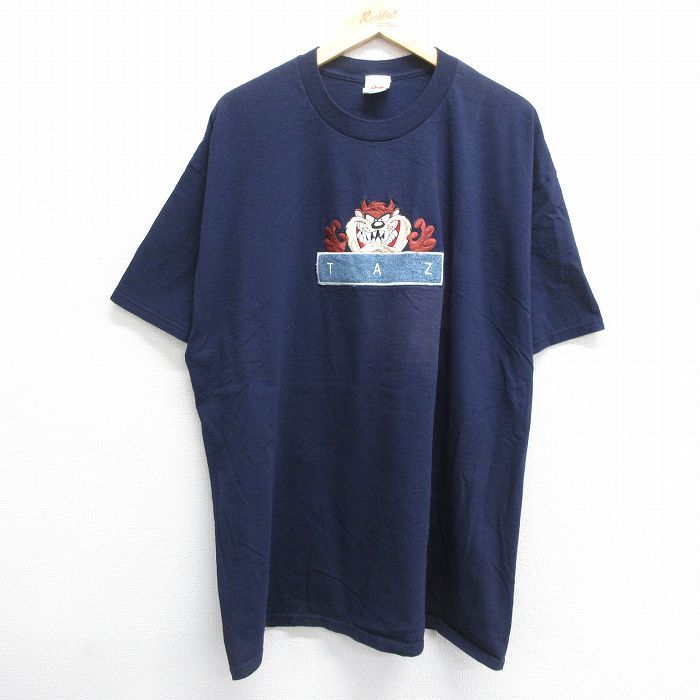XL/古着 半袖 ビンテージ Tシャツ メンズ 90s ルーニーテューンズ タズ 刺繍 ロング丈 大きいサイズ クルーネック 紺 ネイビー spe 24jun12