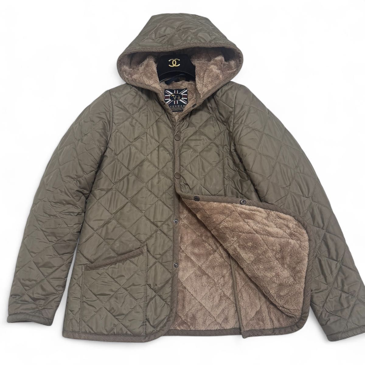 ?月末 中? ボア付き LAVENHAM ラベンハム キルティング ジャケット ブラウン フーデット コート ブルゾン イギリス製 maid in England 38 大人気