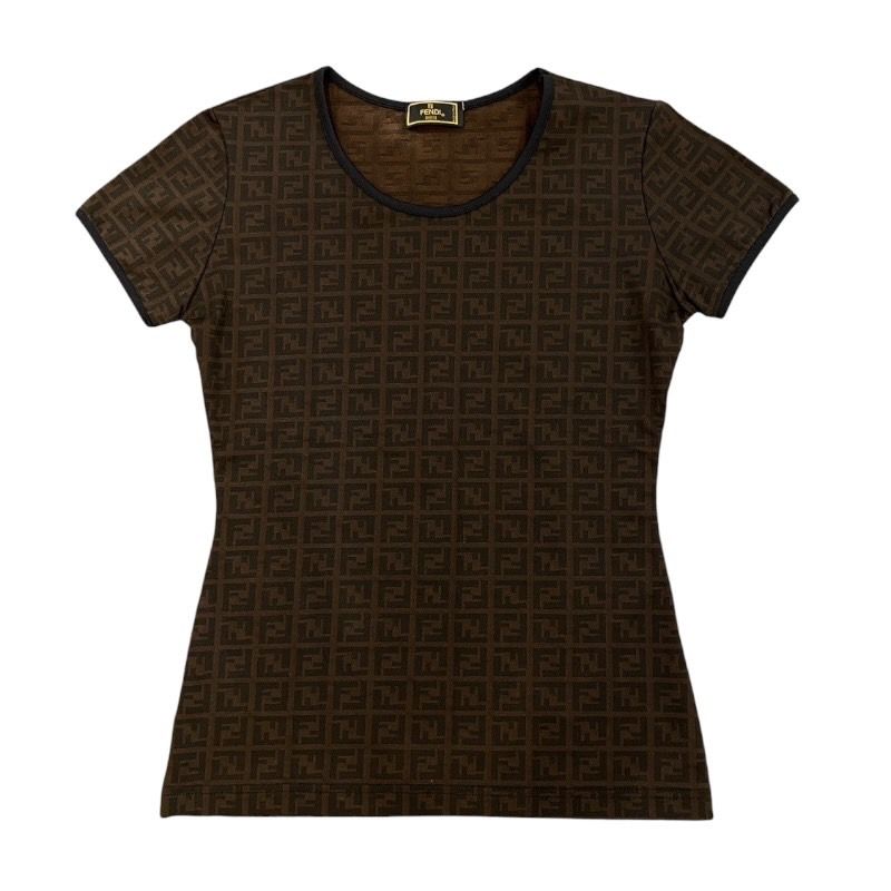 国内正規品！美品！FENDI パイル生地 半袖カットソー ズッカ柄 44 ブルー FENDI ズッカ柄 半袖Tシャツ フェンディ FENDI ズッカ ロゴ クロップド