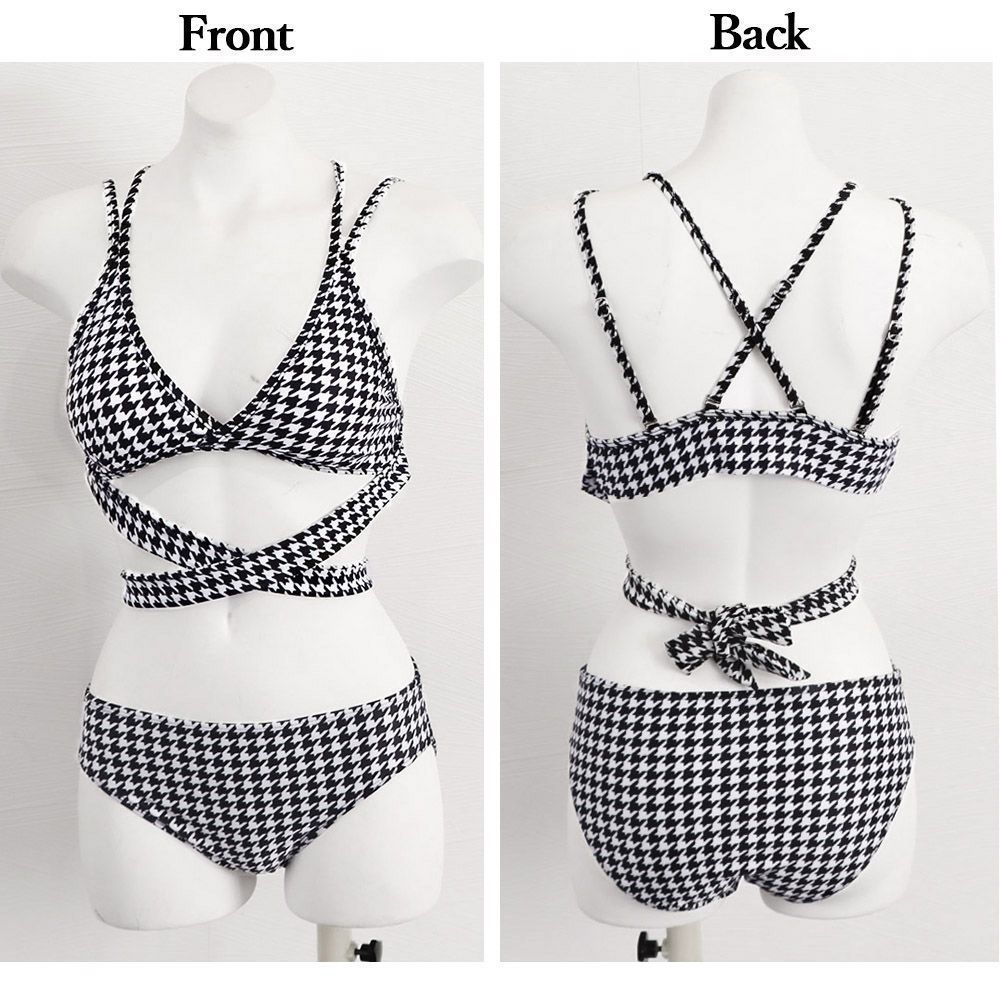 【ビキニ】【水着】千鳥格子柄バッククロスリボン クロスビキニ 【未使用タグ付き】 水着 千鳥柄 クロスストラップ ビキニ バックリボン レディース