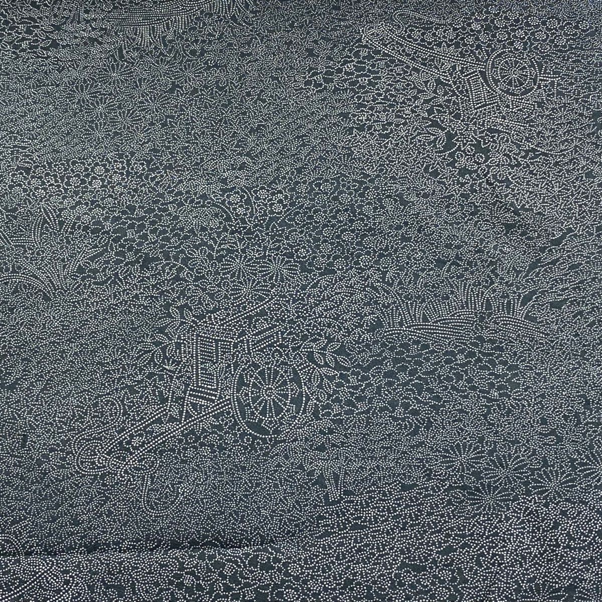 反物 秀品 江戸小紋 御所車 草花 縮緬 黒灰 正絹