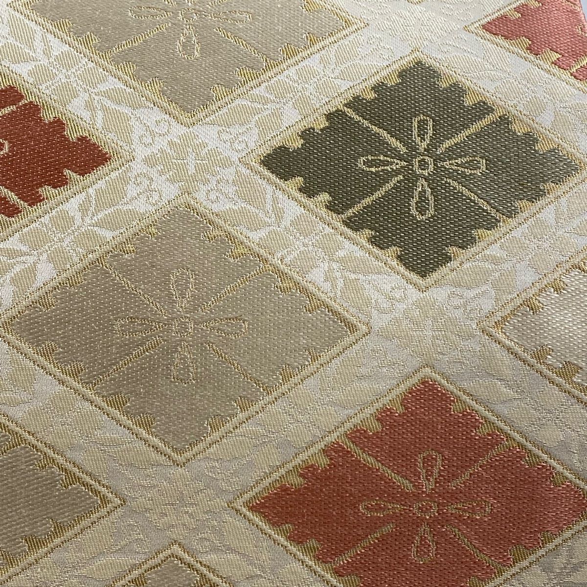 開き名古屋帯 美品 名品 菱 草花 箔 ベージュ 正絹 【中古