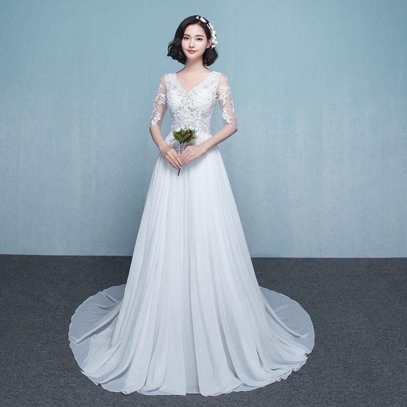 ウエディングドレス aライン 白 袖あり ウェディングドレス 花嫁 結婚式 ブライダル パーティードレス 二次会 ブライダル ロングドレ