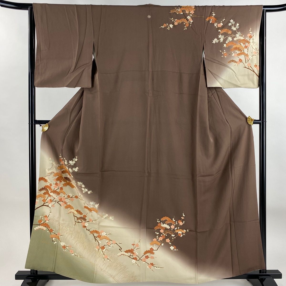 訪問着 身丈160.5cm 裄丈64cm M 袷 松梅 紅葉 金糸 金彩 茶色 正絹 秀品 一つ紋