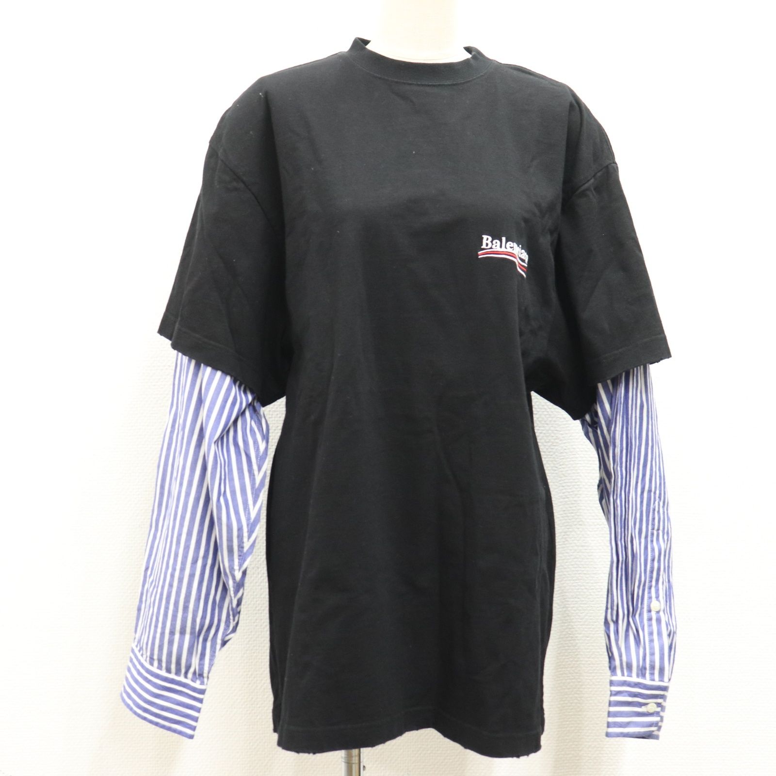 ITPJP2JRNR50 BALENCIAGA バレンシアガ Political Campaign ポリティカルキャンペーン オーバーサイズ 長袖 Tシャツ ロゴ レイヤード スリーブ 698631 ブラック 青 メンズ サイズ2