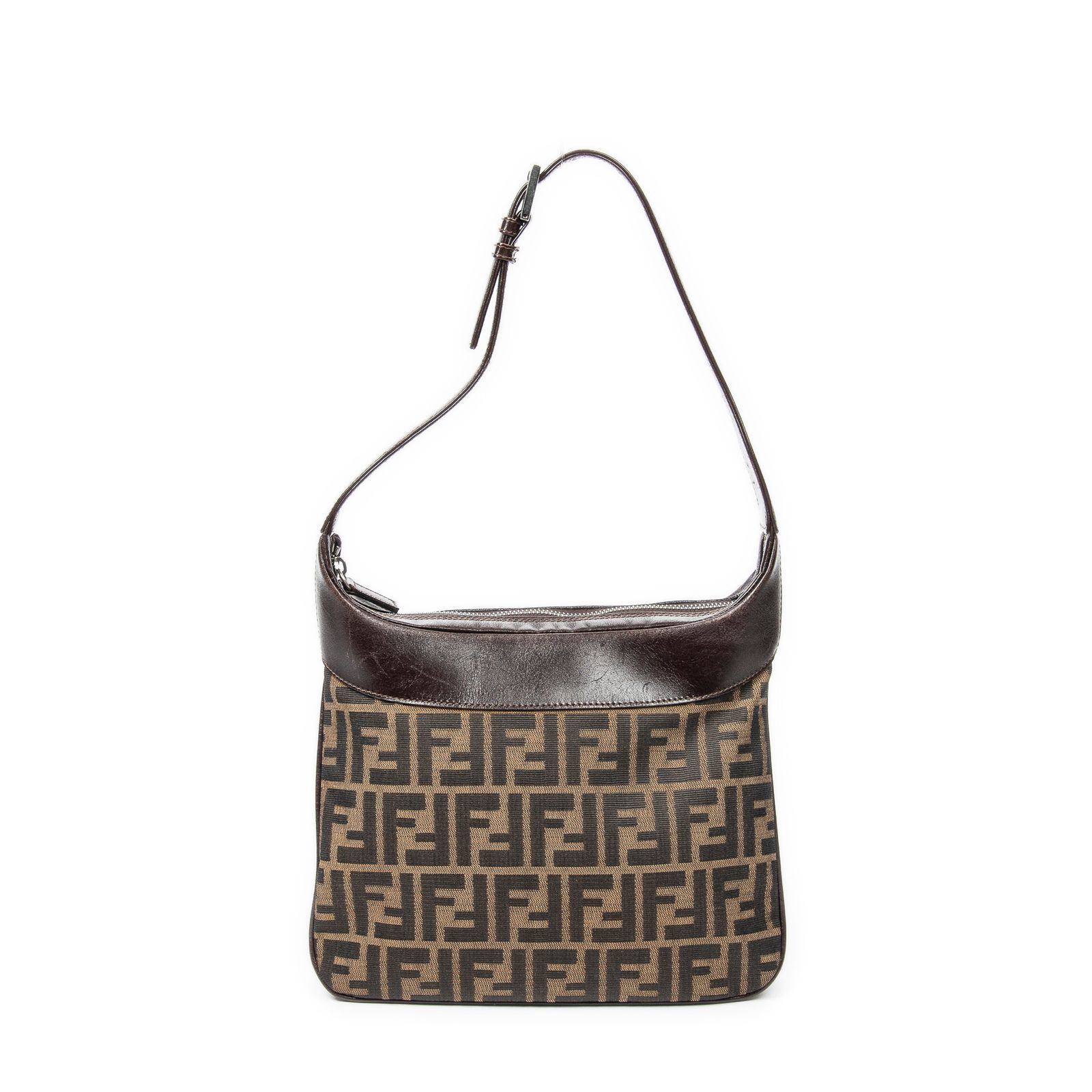 FENDI フェンディヴィンテージスクエアジップホーボータン|ダークブラウンズッカキャンバスAB