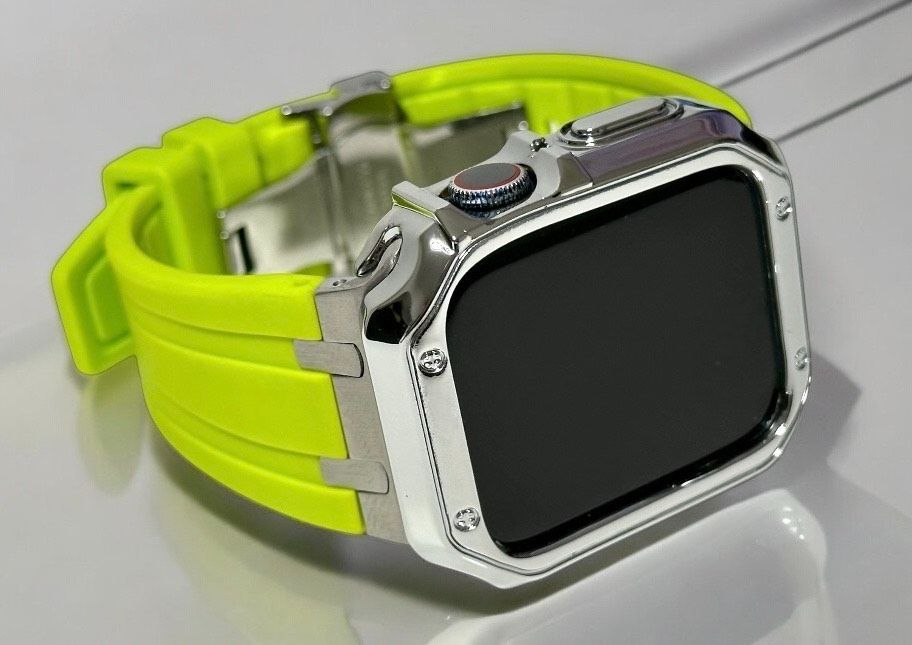 ライムグリーン&銀★Apple Watchシームレスバンド ラバーベルト アップルウォッチ極艶カバー 厚ケース メッキ 保護 series4〜11 ultra ウルトラ 316Lステンレス 44 45 46 49mm