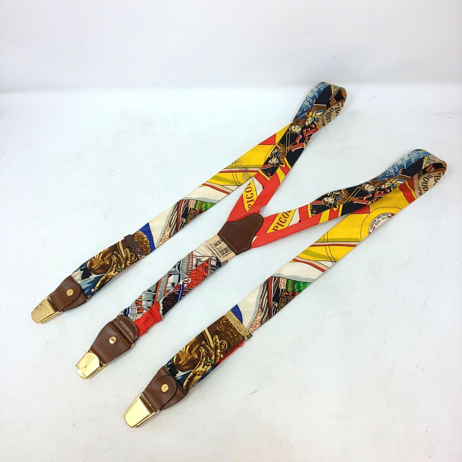 972A-07 HERMES エルメス シルク サスペンダー レザー 総柄 ゴールド金具 ブランド 服飾雑貨