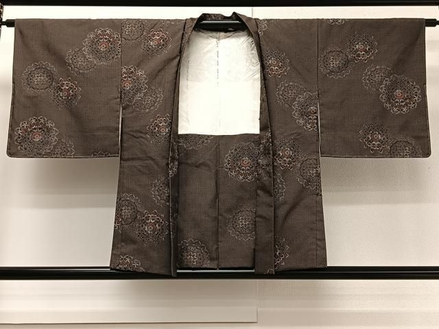 平和屋着物▽男性 単衣 長羽織 紬地 黒茶色 キングサイズ 正絹