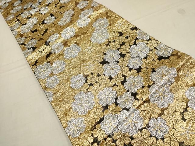 平和屋着物▽六通柄袋帯 舞花文 黒地 金銀糸 正絹 逸品