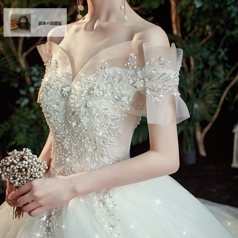 夏のセール開催中！ ウェディングドレス 二次会 結婚式 披露宴 ブライダル ロングドレス フレンチスリーブ 花嫁 ウエディングドレス プリンセスライン オフホワイト フリル 編み上げ