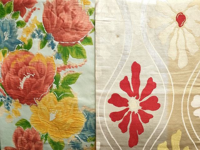 美品✩.*˚本麻 名古屋帯 手描きの赤い花 刺繍入り 蔓と花柄 美品✩.*˚本麻 名古屋帯 手描きの赤い花 刺繍入り 蔓