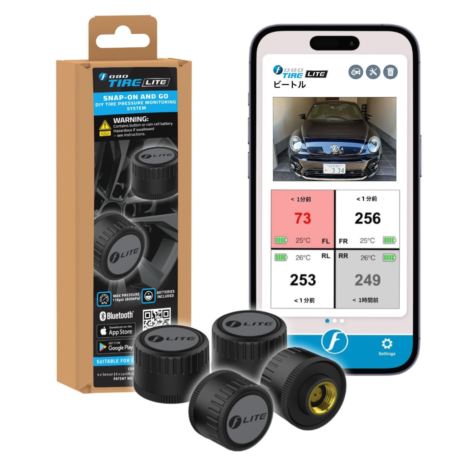 FOBO TIRE LITE 空気圧センサー タイヤ空気圧監視システム 取付簡単 スマホでチェック 車 防水 技適取得 日本語説明書付属