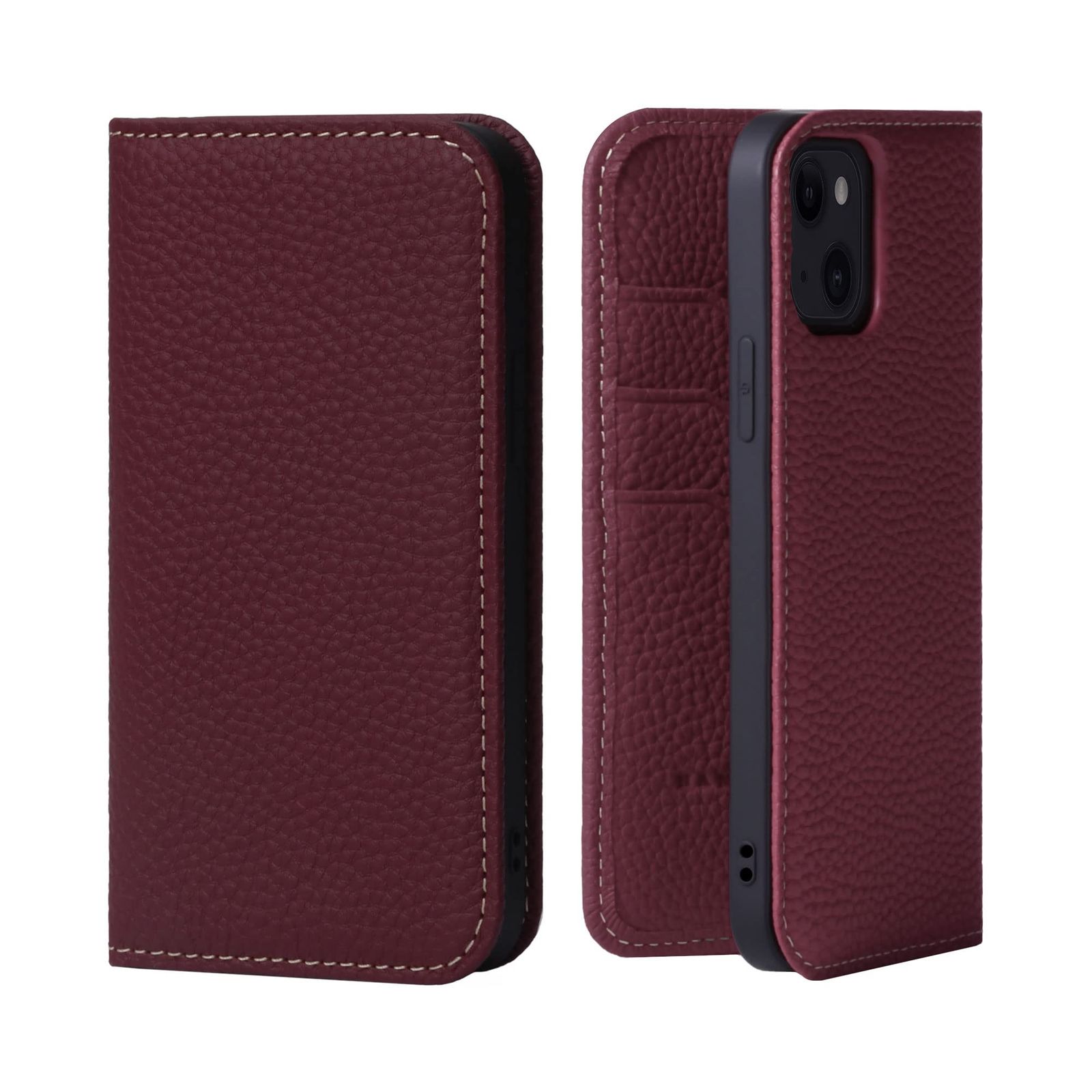 【人気商品】iPhone13 ケース 手帳型 本革 スマホケース スマホ スタンド コードホルダー HANATORA 付き シュリンクカーフレザー ギフト マグネットなし ワインレッド PH-13-WineRed