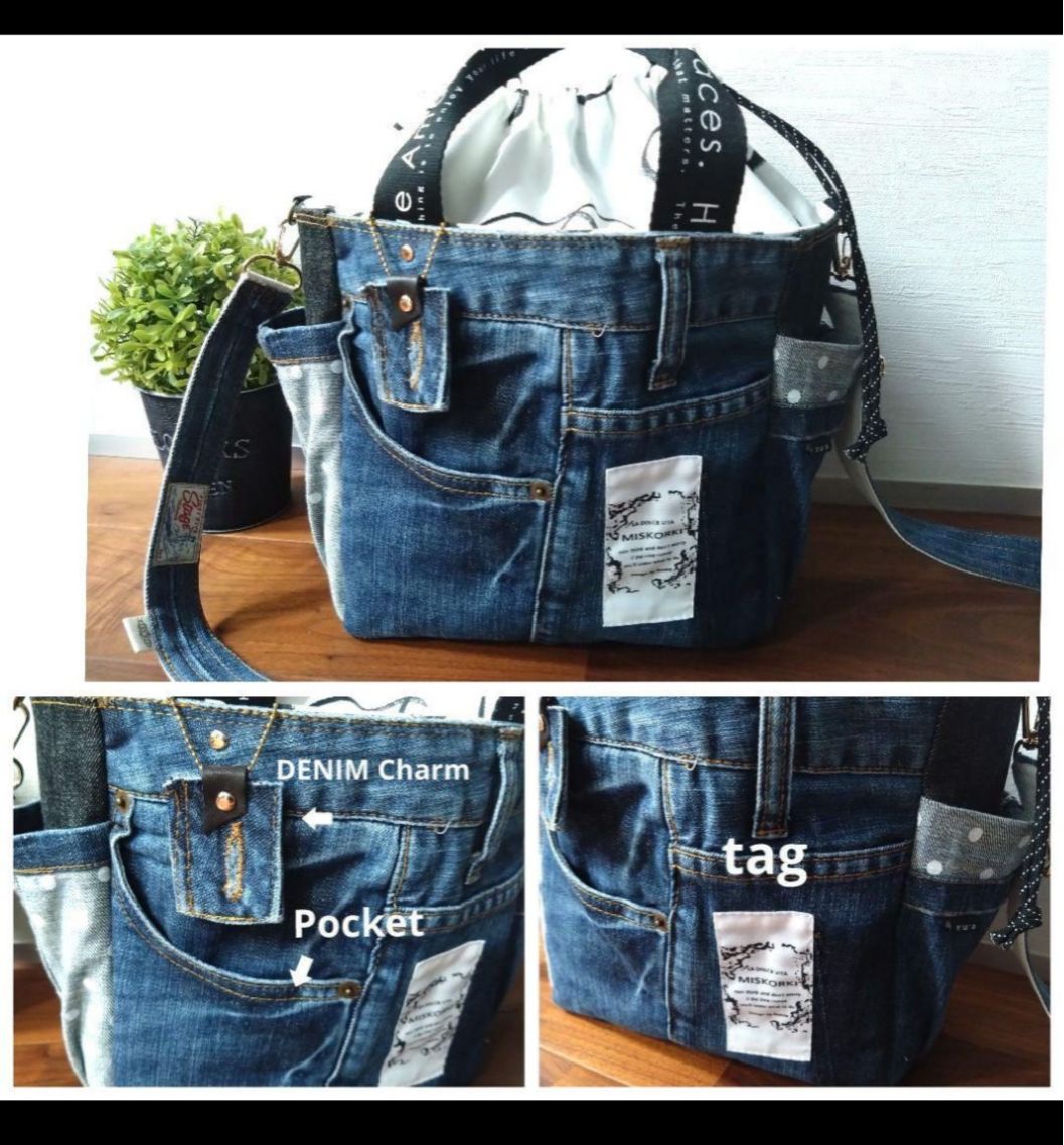 №721【Dots DENIM✖️北欧 巾着ToteBAG⚮̈♡】デニムリメイク №721【レア✨️Dots DENIM✖️北欧👖巾着ToteBAG⚮̈