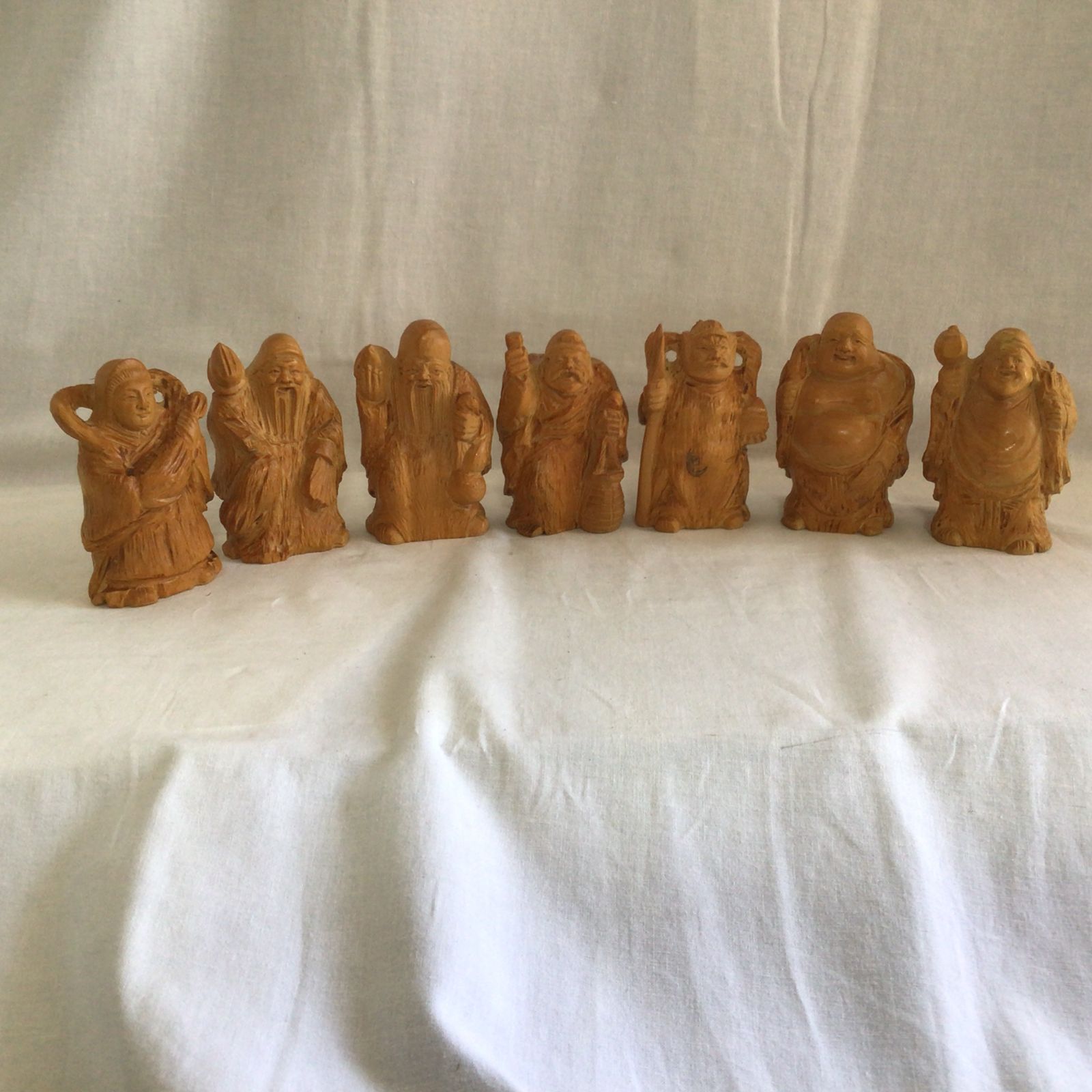 「絶妙です! 彩色木製工芸品 七福神像(脊高 約7cm）7体」 骨董アンティーク 絶妙です! 彩色木製工芸品 七福神像(脊高 約7cm）7体」 骨董