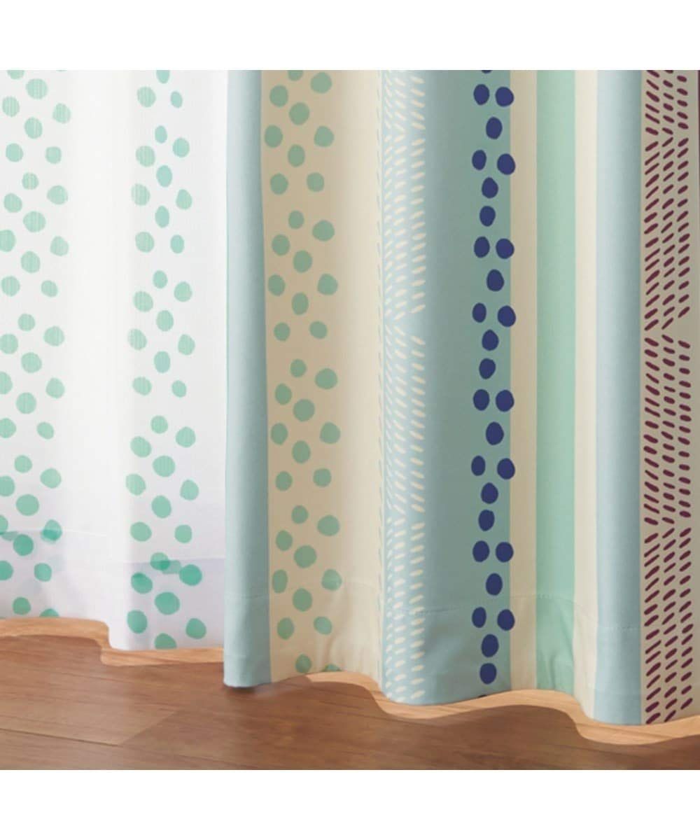 ストライプ幾何柄遮熱 防音 1級遮光カーテン＆遮像 UVカットレース４枚セット B ブルー系 カーテン 1 幅100×長さ110cm×4枚 ニッセン