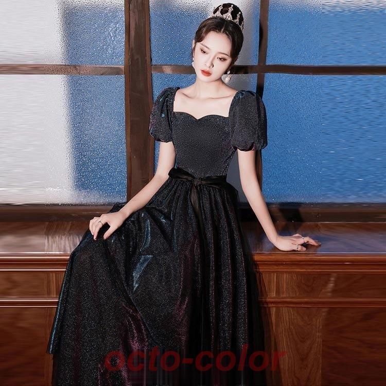 パフスリーブ イブニングドレス ロング ミディ丈 シンプル d154 イブニングドレス ロングドレス パフスリーブ 黒 ブラック 20代