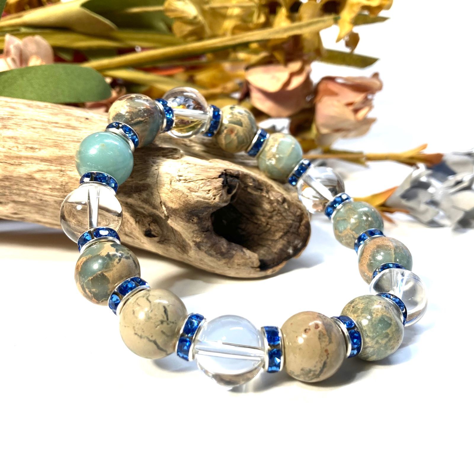 インプレッションストーン&水晶 パワーストーン ブレスレット 12mm（ブルー）メンズ・レディース　男性・女性　数珠ブレス　開運  [1]