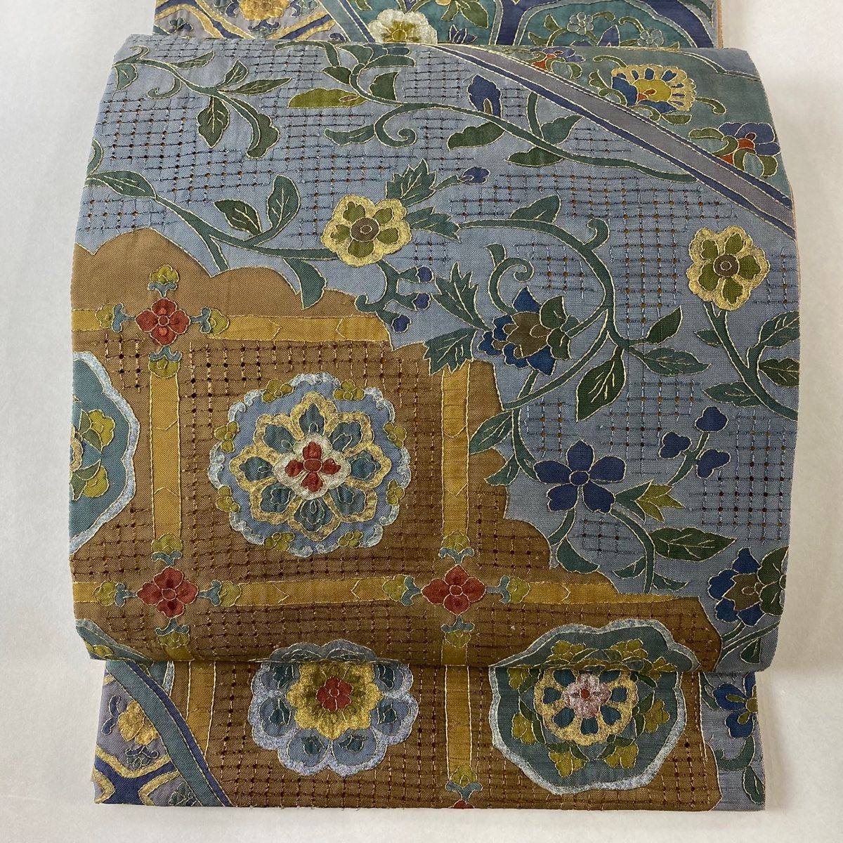 袋帯 華文 花唐草 刺繍 金銀彩 青灰色 全通 正絹