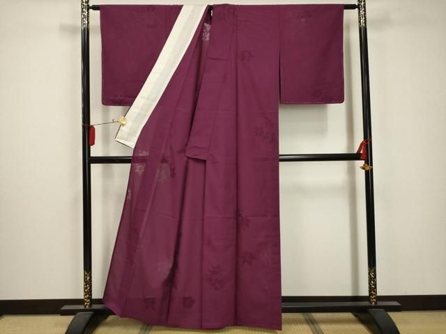 平和屋着物 夏物 色無地 縦絽 枝葉紋紗 中紅色 洗える着物 AABA5639sx