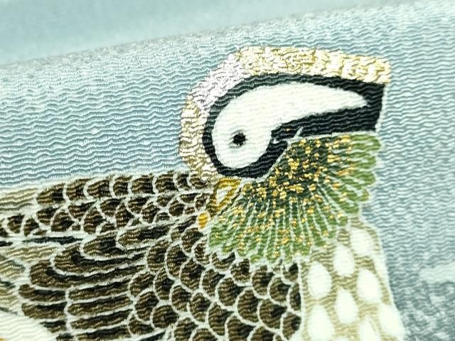 平和屋着物□極上 人間国宝・羽田登喜男 九寸名古屋帯 鴛鴦花文 秘色色