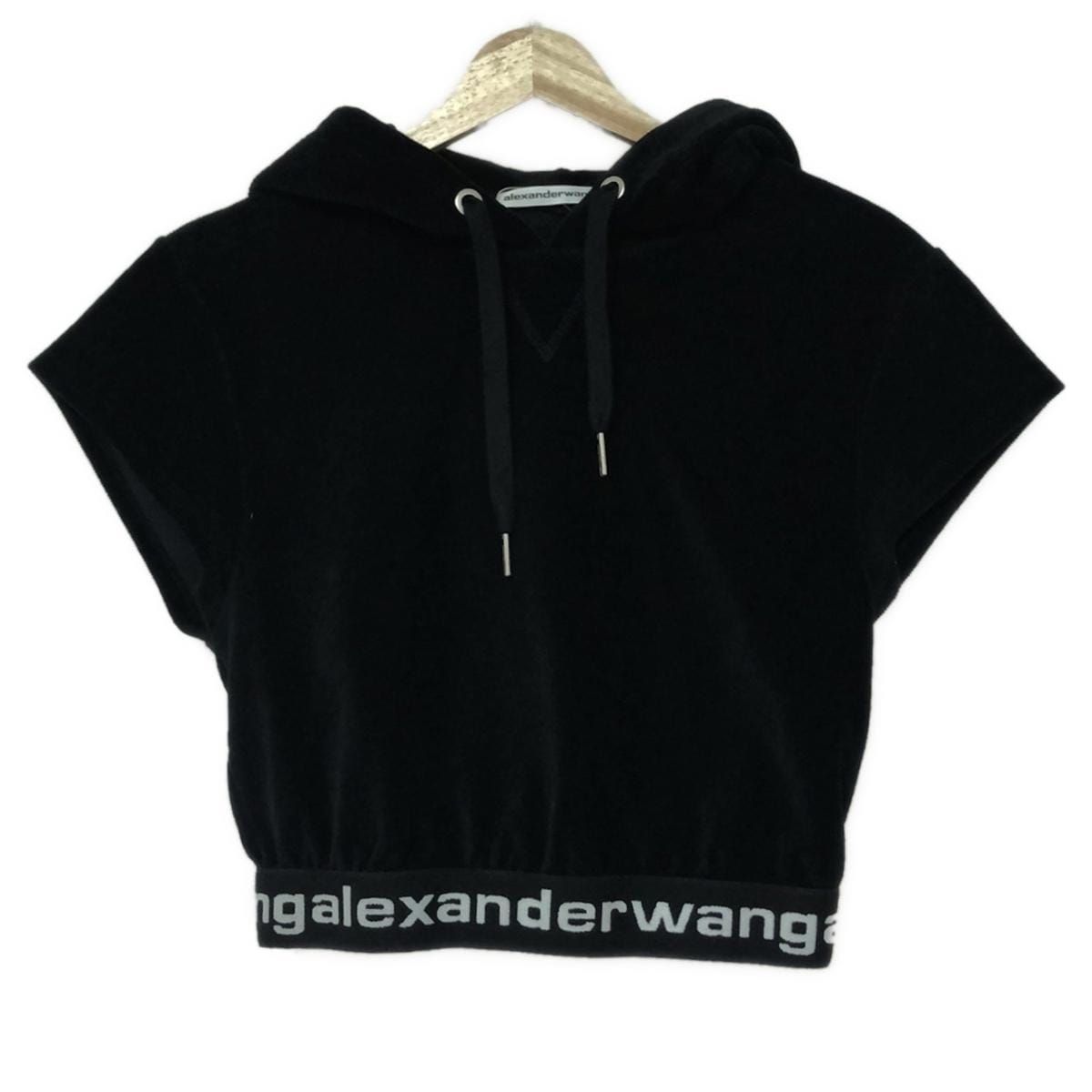 ALEXANDER WANG(アレキサンダーワン) パーカー サイズXS レディース美品 - 黒 ショート丈/半袖/ロゴ - メルカリ