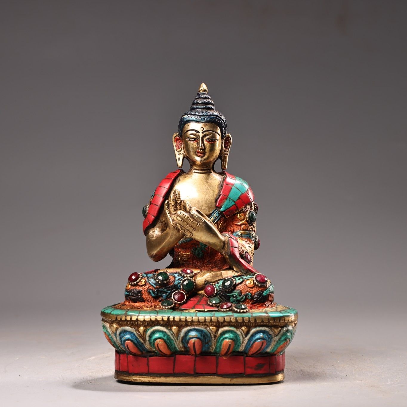 旧家蔵出し 銅製 描金 寶石嵌 釋迦牟尼像 仏像 宗教 供養品 古美術品 収集家