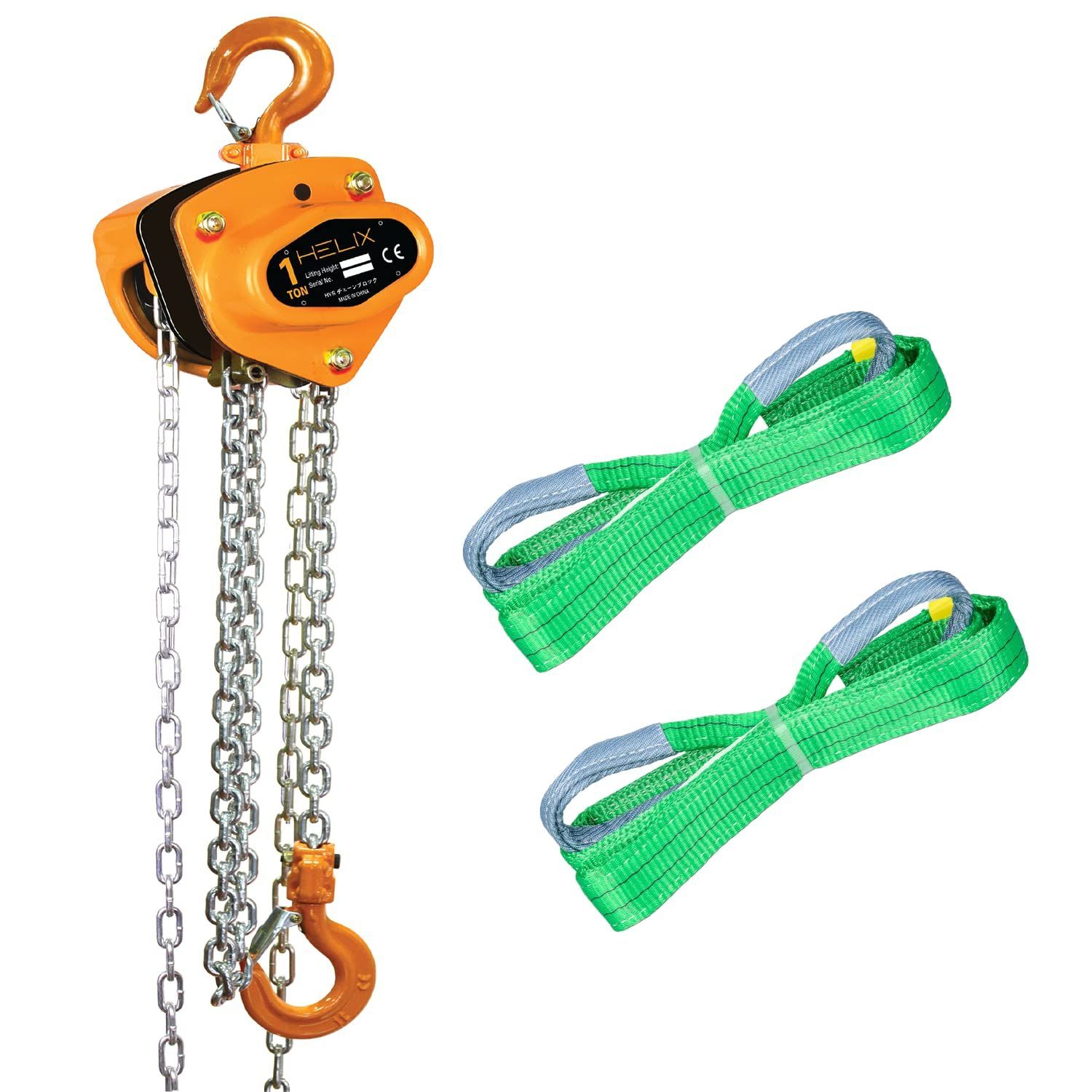 HELIX チェーンブロック 1 t 3 m 1000 kg 手動式 荷締機 ガッチャ ton がっちゃ レバーホイスト レバー式ブロック 吊り上げ 軽量化 小型化 チェーンローラー スリングベルト 幅50 mm 2本セット