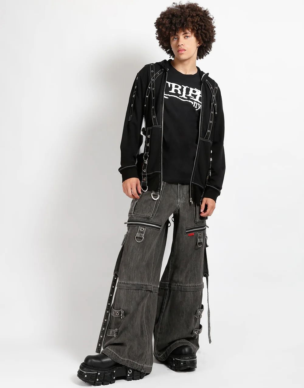 正規取扱店★TRIPP NYCウォッシュデニム// X-STRAP PANT BLACK DENIM【JM7144M】＊トリップニューヨークシティ ワイドパンツ　ワイドデニム　ボンデージパンツ　B系　パンク　y2k ボンテージ　バギーデニム