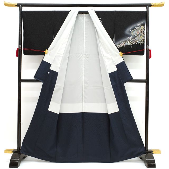 中古】 訪問着 リサイクル 着物 正絹 袷 黒 辻が花 銀通し 金彩