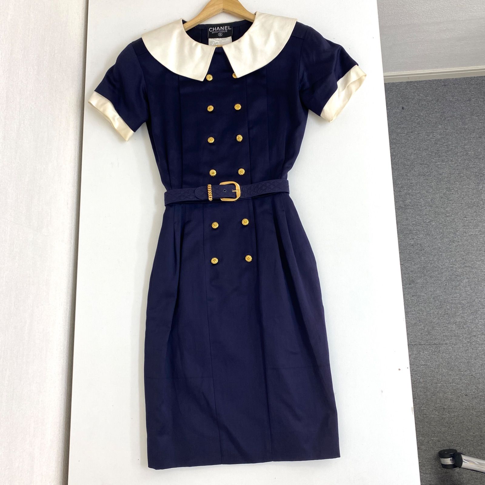 CHANEL 12c カメリア ワンピース　ネイビー　38 CHANEL シャネル 80年代 コットンセーラードレス ワンピース ネイビー