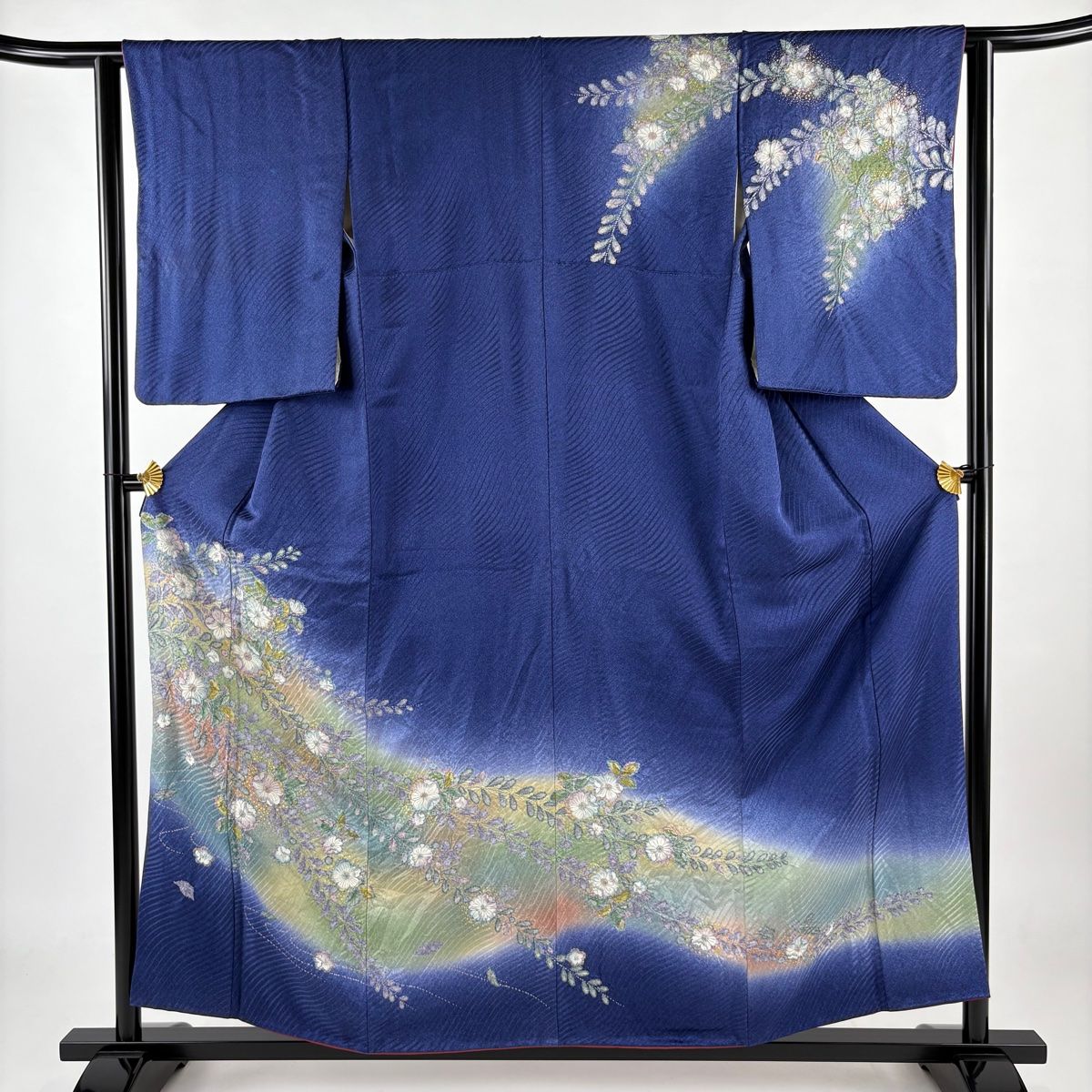 訪問着 身丈157.5cm 裄丈62.5cm S 袷 辻が花 流水 金彩 ぼかし 紺色 正絹 秀品