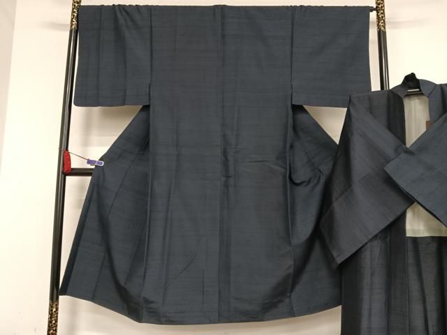 平和屋着物●男性 紬 アンサンブル 色無地 濃藍色 正絹 AABA5035np