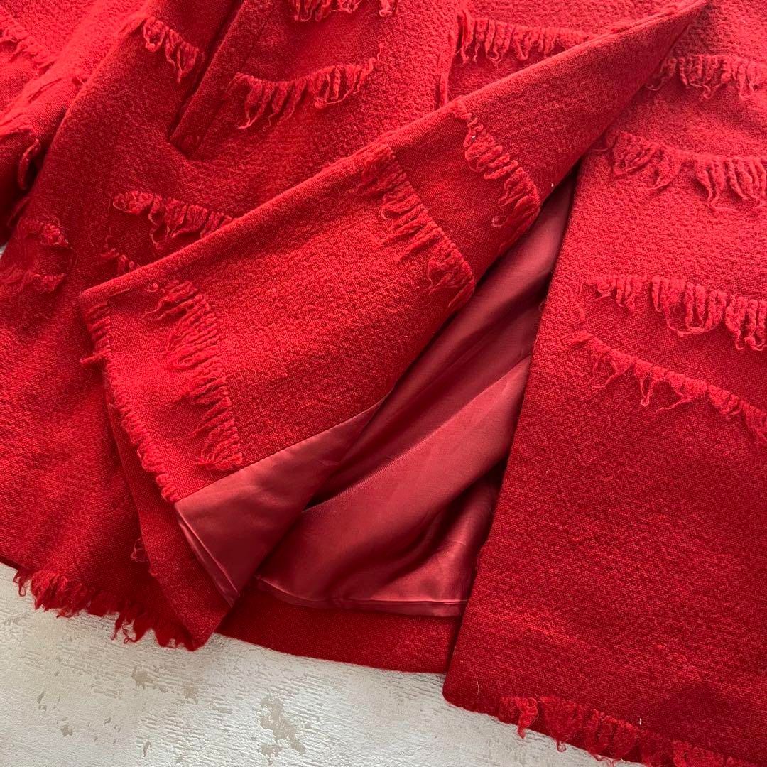 昭和レトロ大きめ襟ウールオーバーコートはフリンジ付きレッドフリーサイズ