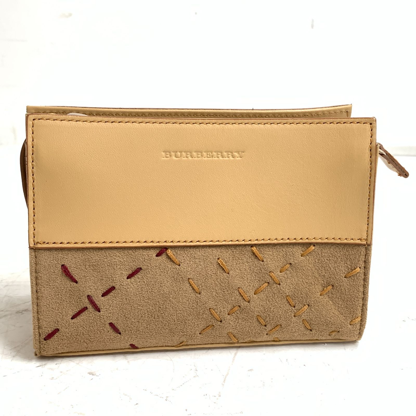 f001 B バーバリー ポーチ スエード ステッチ レザー 化粧ケース ロゴ型押し ベージュ