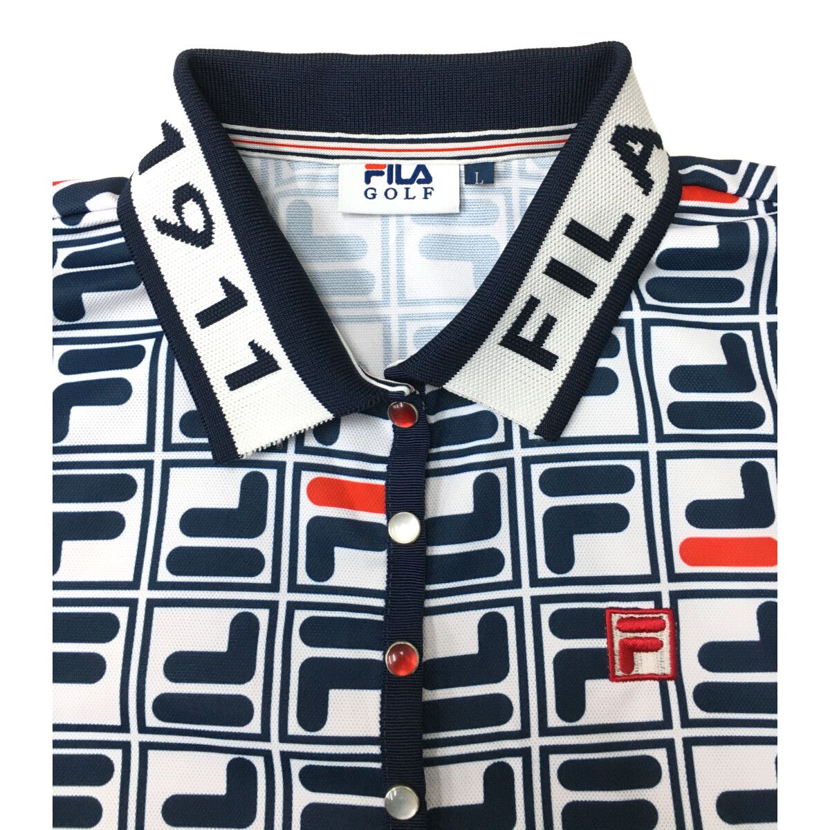 coco 未使用品 フィラゴルフ FILA GOLF レディース 半袖ポロシャツ L 白 紺 ロゴ総柄 FILA GOLF フィラゴルフ ポロシャツ 半袖 レディース 吸汗速乾