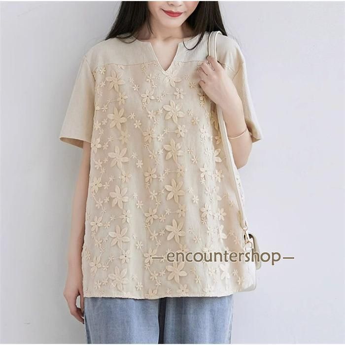 ブラウス トップス シャツ 半袖 レディース チュニック 半袖シャツ tシャツ レース 夏 花柄 刺繍 トップス カットソー 体型カバー 綿麻風 フレア ゆったり