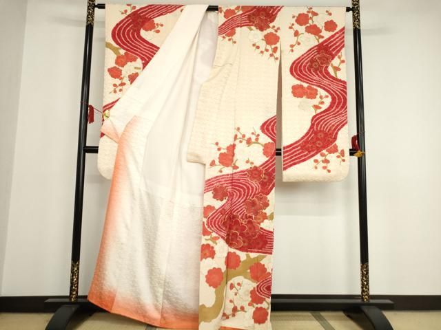 ☆着物10☆ 1円 絹 振袖 金駒刺繍 金彩 桜 襦袢セット 袷