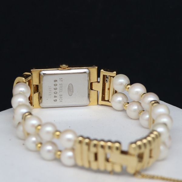 稼動 良品 PRIMOIR QZ ドーム型 石付 シェル文字盤 レディース腕時計