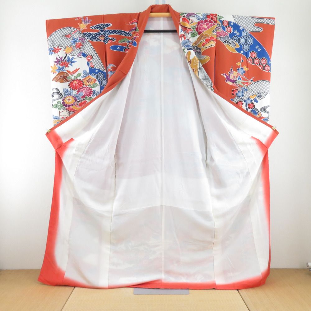 振袖 正絹 薄茶色x多色 型染め 風景に花鳥紋様 袷 広衿 成人式 卒業式