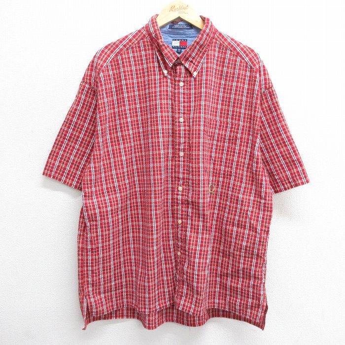 XL/古着 トミーヒルフィガー 半袖 ブランド シャツ メンズ 90s ワンポイントロゴ 大きいサイズ コットン ボタンダウン 赤 レッド チェック 