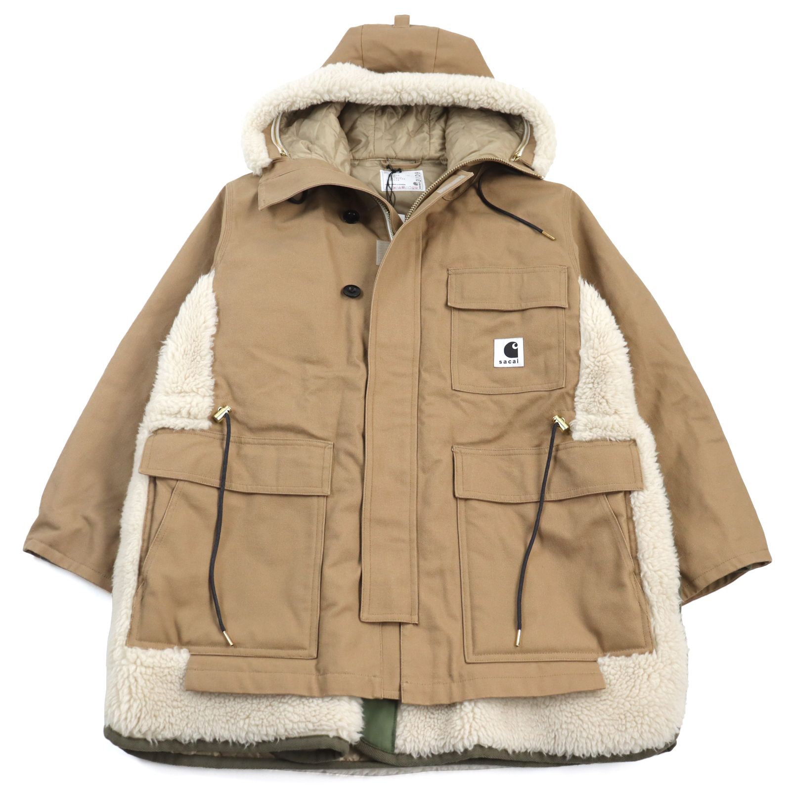 未使用品○サカイ Carhartt カーハート 23AW 23-03109 M キャンバスパーカーシベリアンコート コットン100%  ダブルネームロゴワッペン付き ボア切替 中綿入り フーデッド コート カーキ 1 ハンガー・ガーメント付き 日本製 正規品 - メルカリ