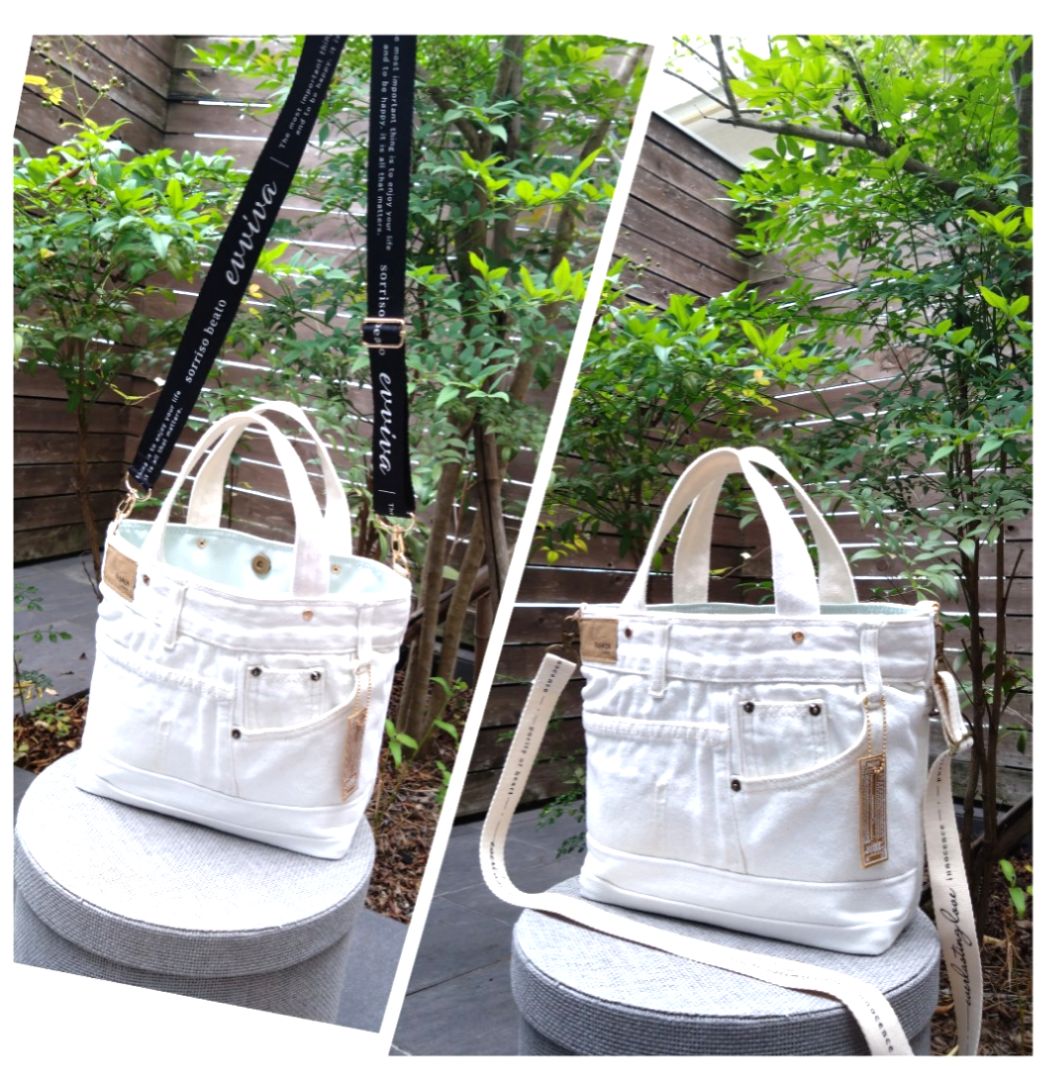 №769【whiteDENIM✖️ミントグリーン✨️ToteBAG⚮̈♥ 】白デニム