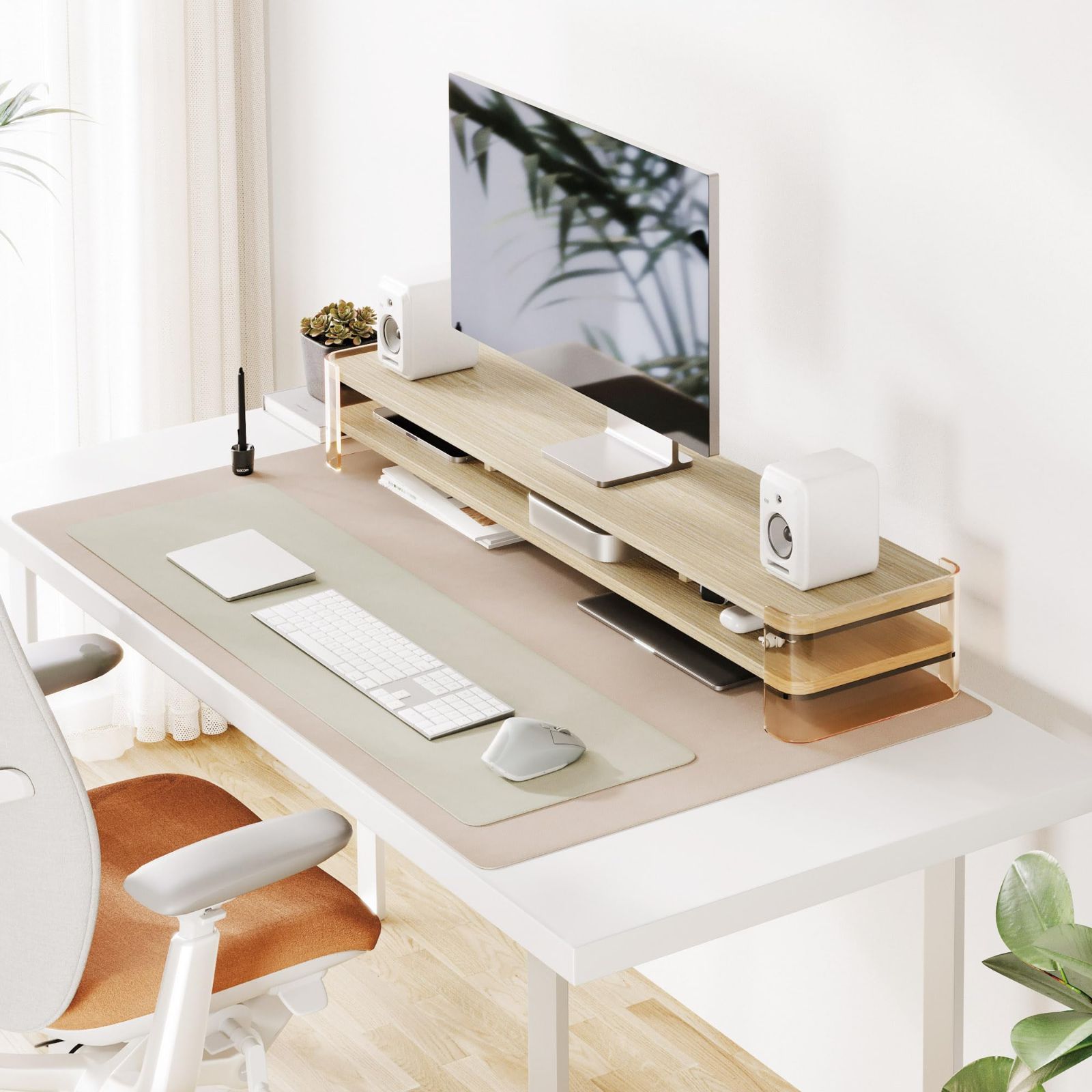 数量限定】机上ラック 110cm横幅 2段 PC台 木製天板 アクリル製